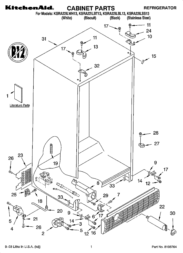 CABINET PARTS Diagram and Parts List for KSRA22ILBL13  KitchenAid Refrigerator