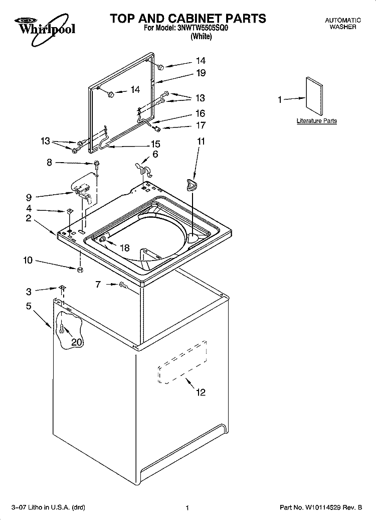 TOP AND CABINET PARTS Diagram and Parts List for 3NWTW5505SQ0  Whirlpool Washer