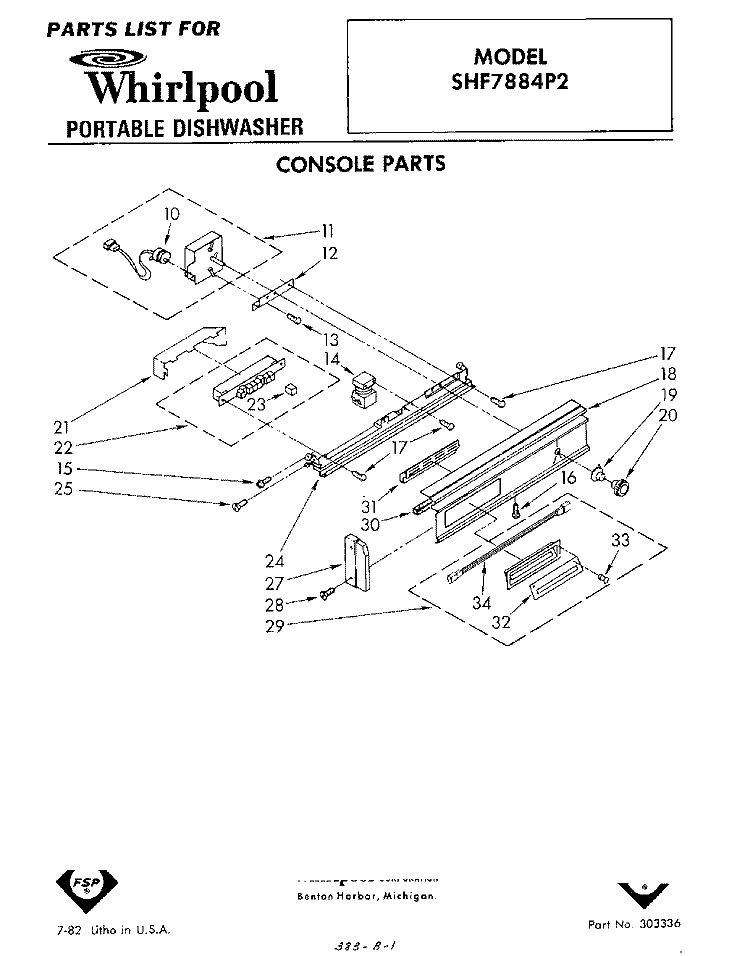CONSOLE Diagram and Parts List for SHF7884P2  Whirlpool Dishwasher