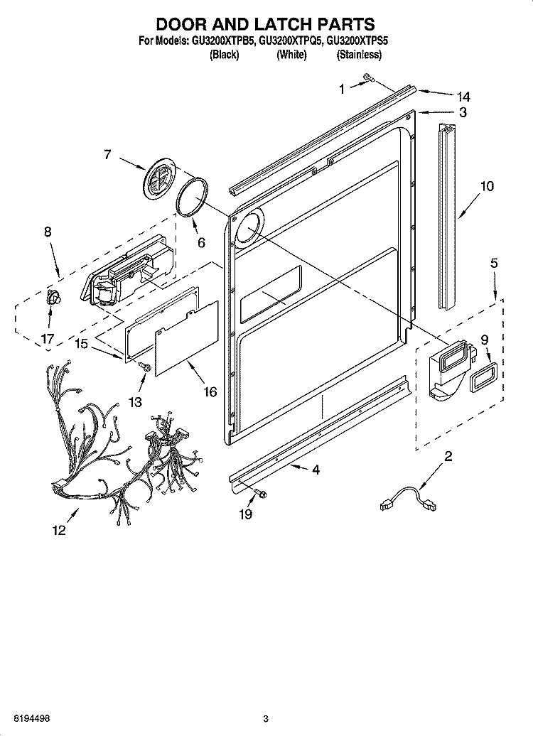 DOOR AND LATCH PARTS Diagram and Parts List for GU3200XTPQ5  Whirlpool Dishwasher