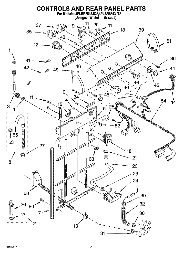 CONTROLS AND REAR PANEL PARTS Diagram and Parts List for 4PLBR8543JT2  Whirlpool Washer