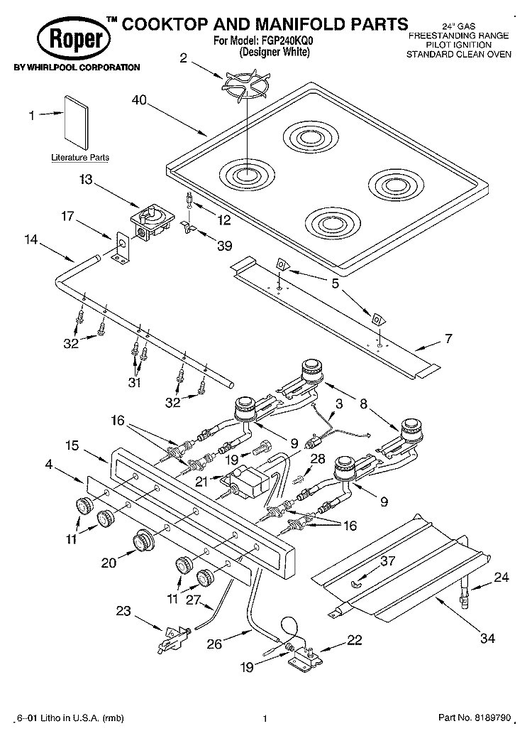COOKTOP AND MANIFOLD, LITERATURE Diagram and Parts List for FGP240KQ0  Roper Range