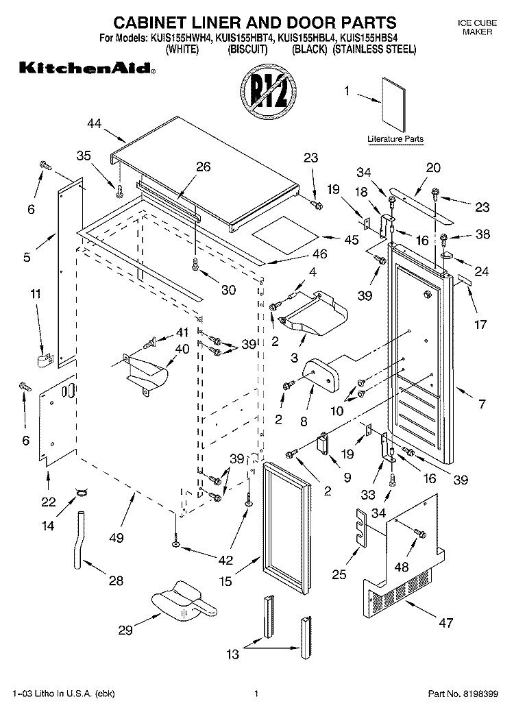 CABINET LINER AND DOOR PARTS Diagram and Parts List for KUIS155HBL4  KitchenAid Ice Maker