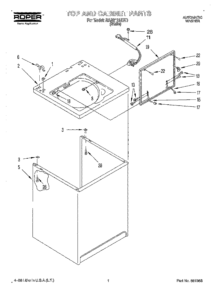 TOP AND CABINET Diagram and Parts List for RAB3121EW0  Roper Washer