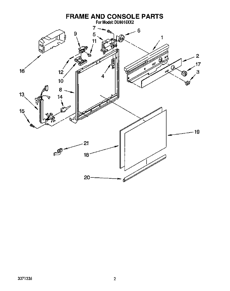 FRAME AND CONSOLE Diagram and Parts List for DU8016XX2  Whirlpool Dishwasher
