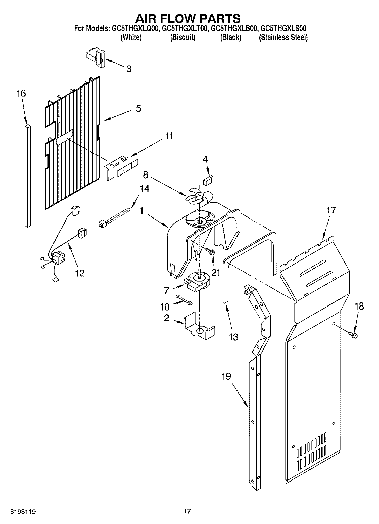 AIR FLOW Diagram and Parts List for GC5THGXLB00  Whirlpool Refrigerator