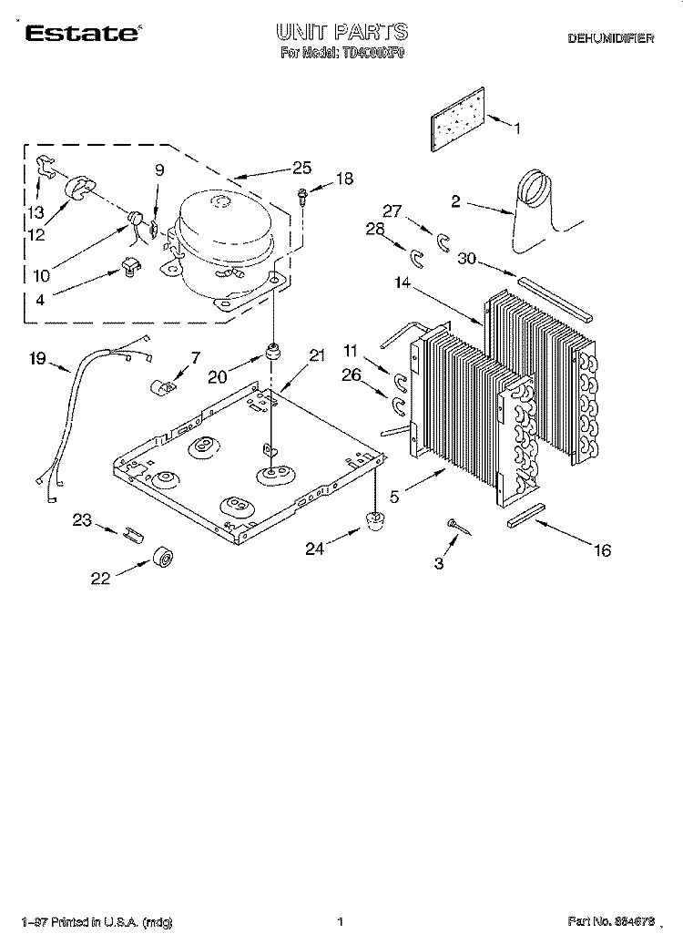SECTION Diagram and Parts List for TD4000XF0  Whirlpool Dehumidifier
