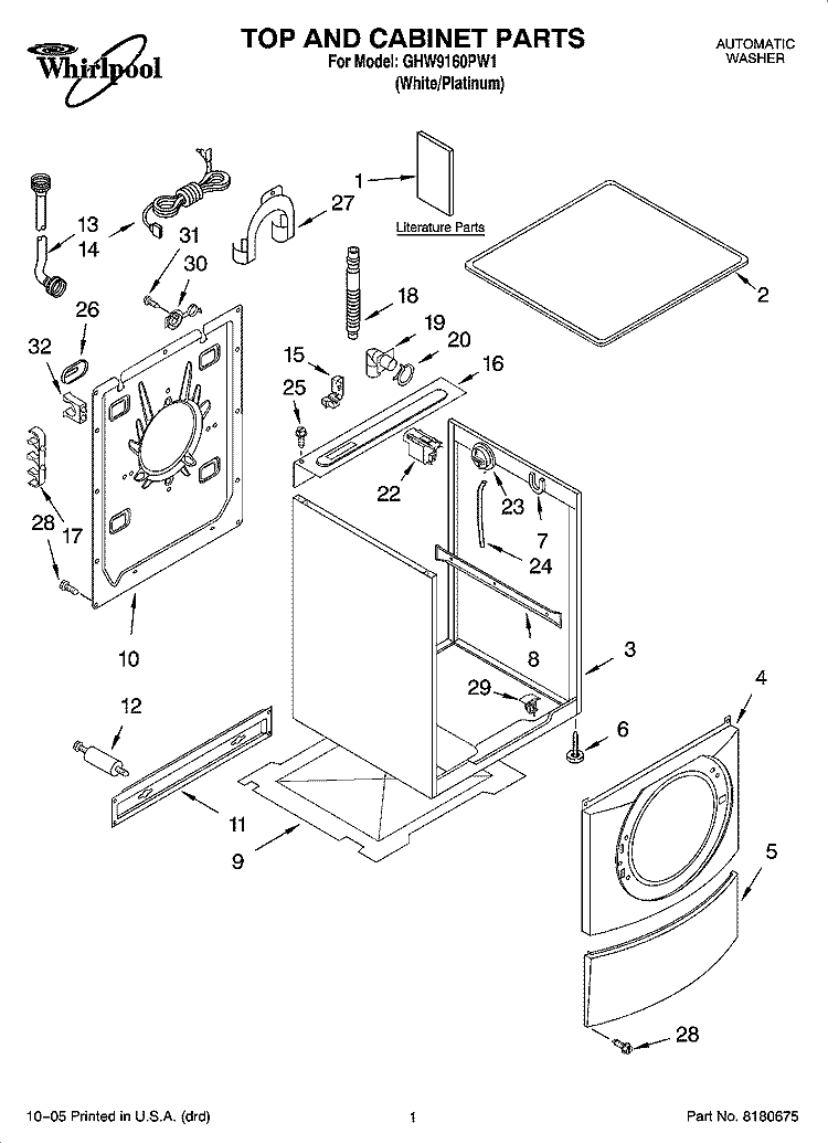 TOP AND CABINET PARTS Diagram and Parts List for GHW9160PW1  Whirlpool Washer