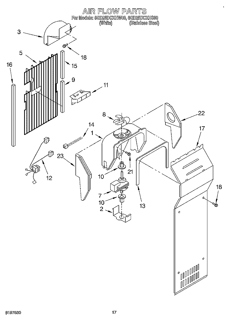AIR FLOW Diagram and Parts List for 6GD25DCXHS00  Whirlpool Refrigerator