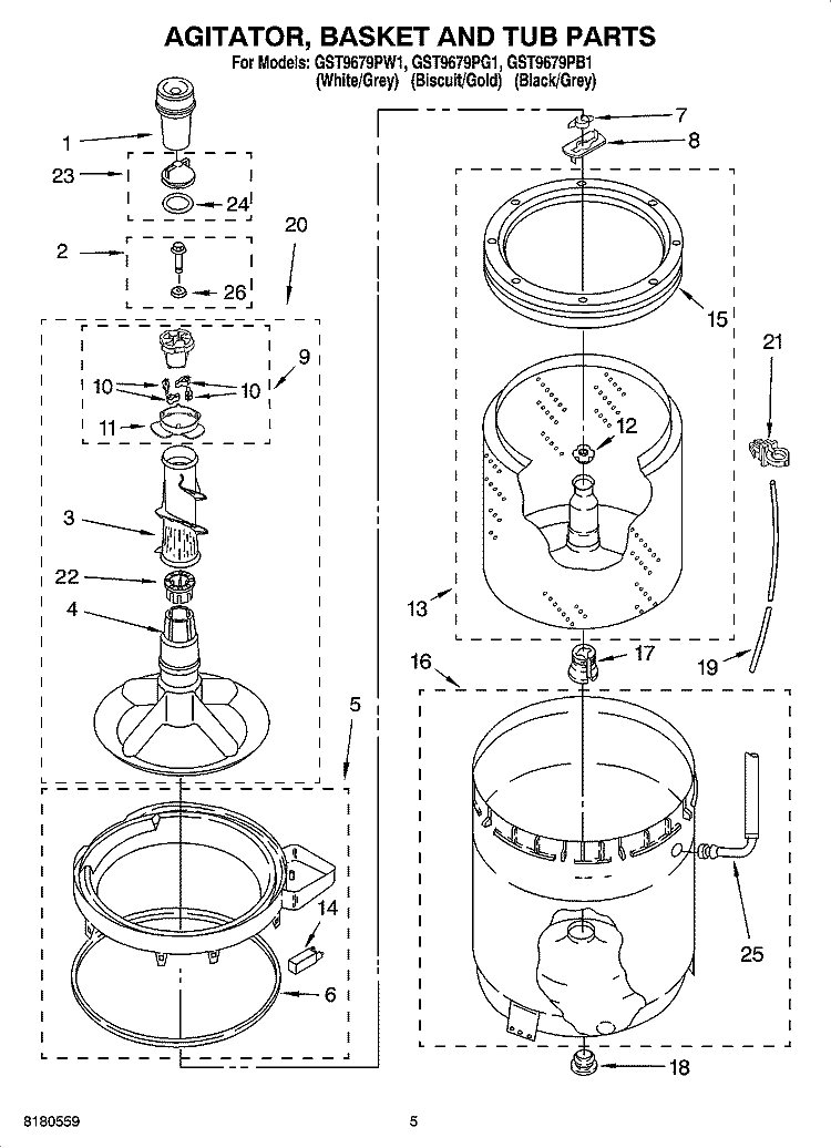 AGITATOR, BASKET AND TUB PARTS Diagram and Parts List for GST9679PW1  Whirlpool Washer
