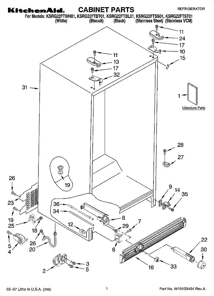 CABINET PARTS Diagram and Parts List for KSRG22FTBL01  KitchenAid Refrigerator