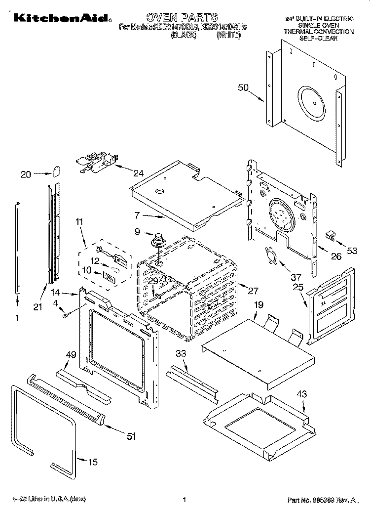OVEN Diagram and Parts List for KEBS147DWH6  KitchenAid Wall Oven