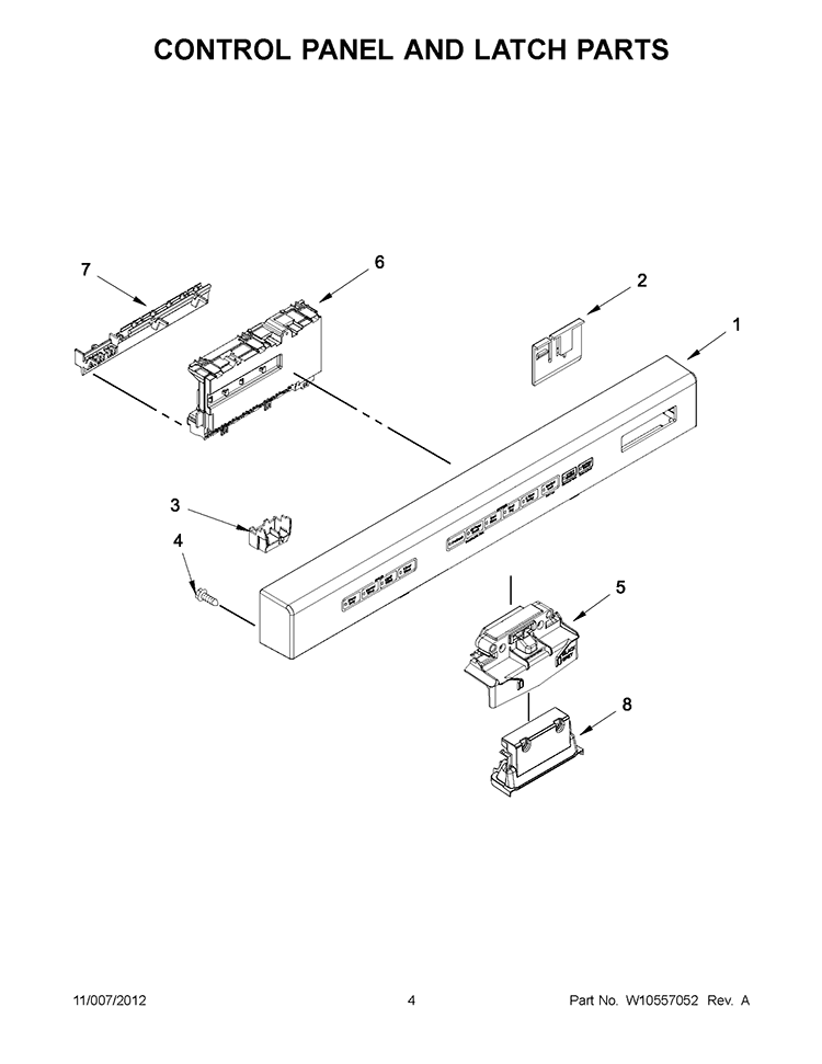 CONTROL PANEL AND LATCH PARTS Diagram and Parts List for KUDE50CXSS9  KitchenAid Dishwasher