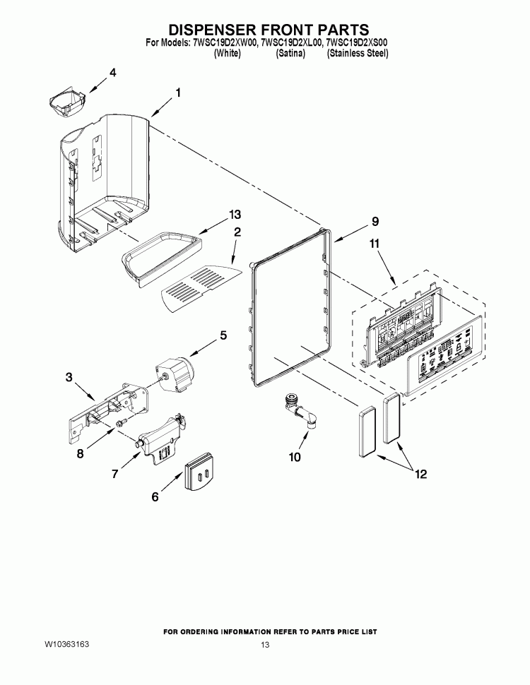 DISPENSER FRONT PARTS Diagram and Parts List for 7WSC19D2XS00  Whirlpool Refrigerator