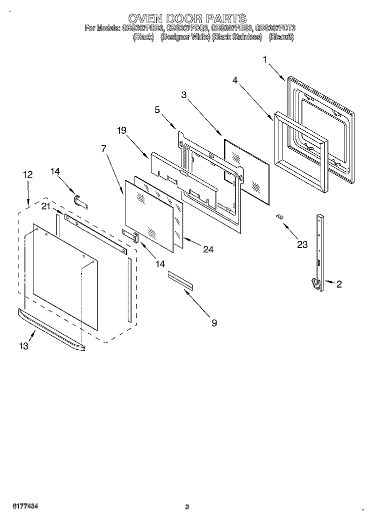 OVEN DOOR Diagram and Parts List for GBS307PDB3  Whirlpool Wall Oven
