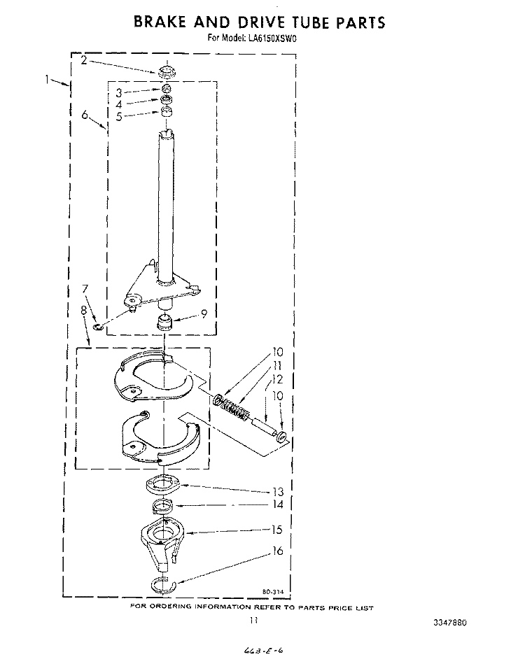 BRAKE AND DRIVE TUBE Diagram and Parts List for LA6150XSW0  Whirlpool Washer