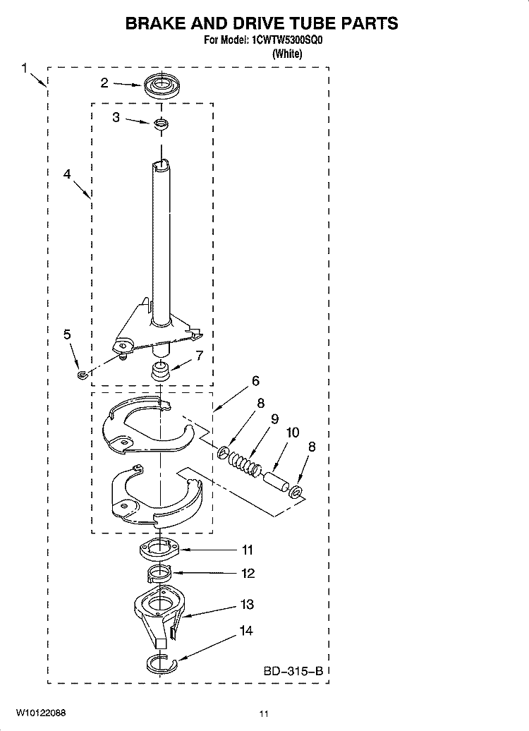 BRAKE AND DRIVE TUBE PARTS Diagram and Parts List for 1CWTW5300SQ0  Whirlpool Washer