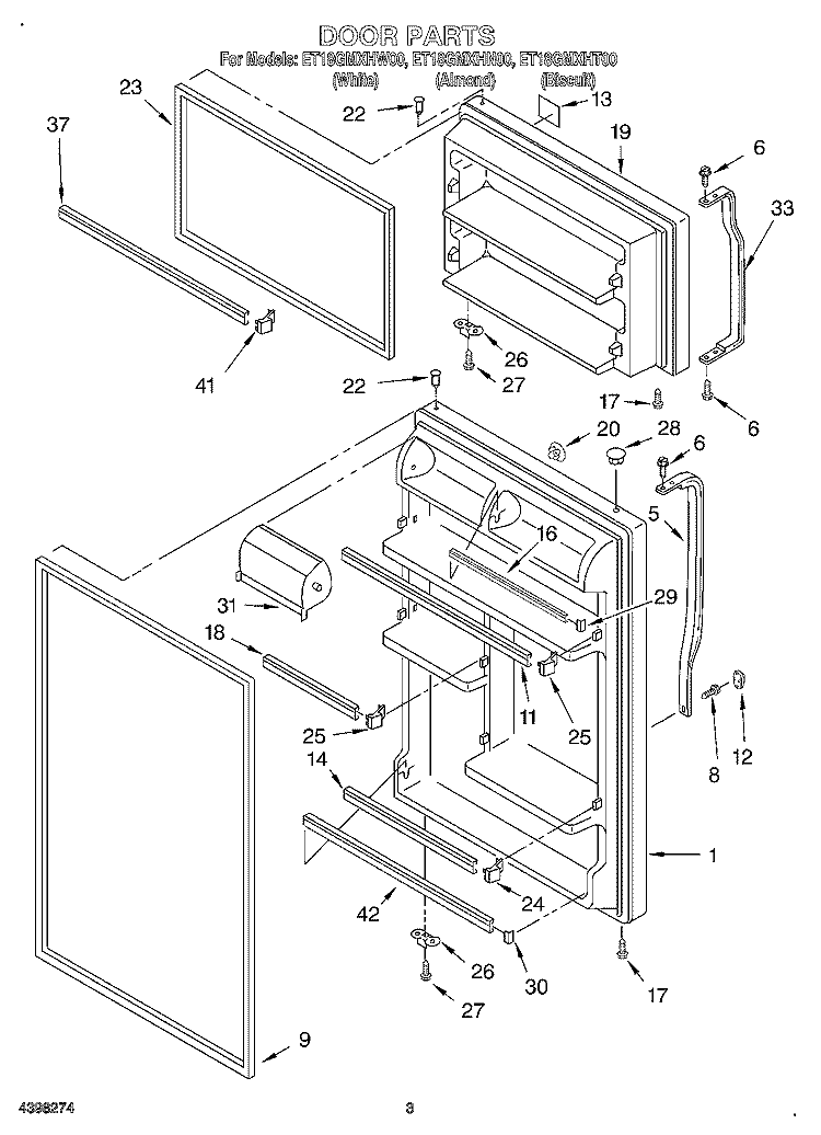 DOOR Diagram and Parts List for ET18GMXHN00  Whirlpool Refrigerator