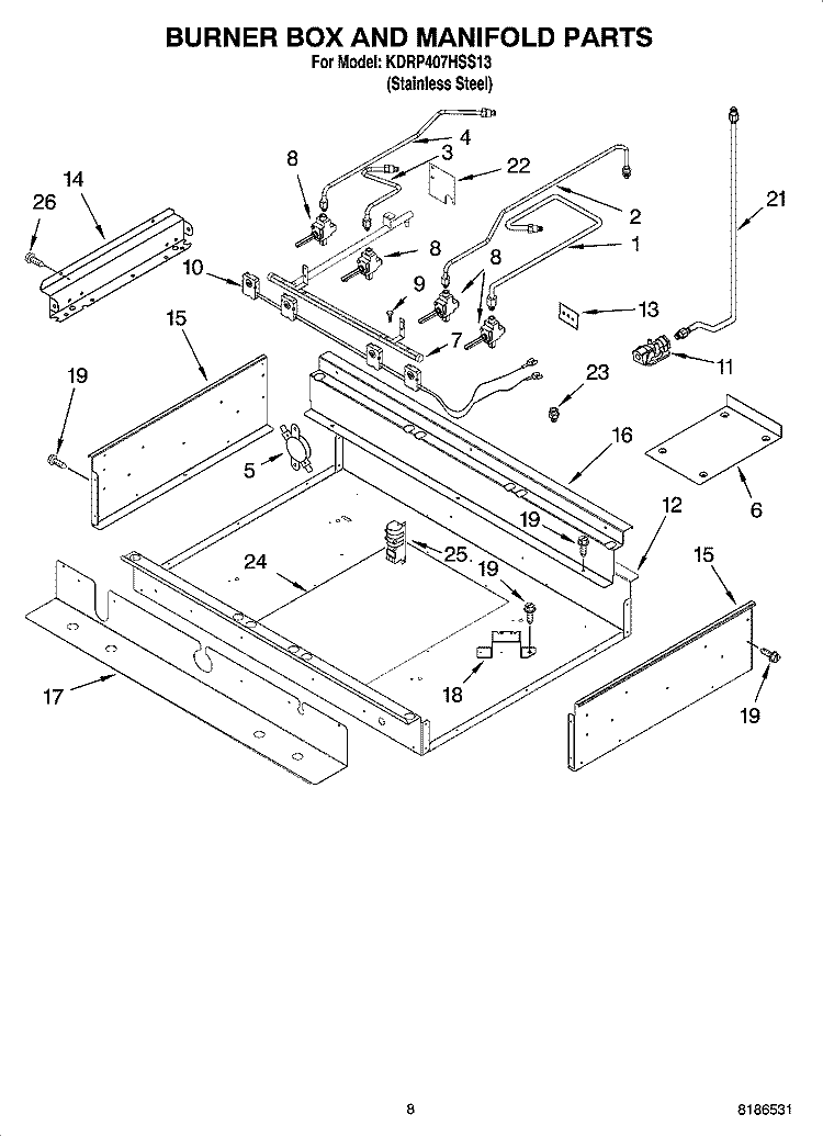 BURNER BOX AND MANIFOLD PARTS Diagram and Parts List for KDRP407HSS13  KitchenAid Range
