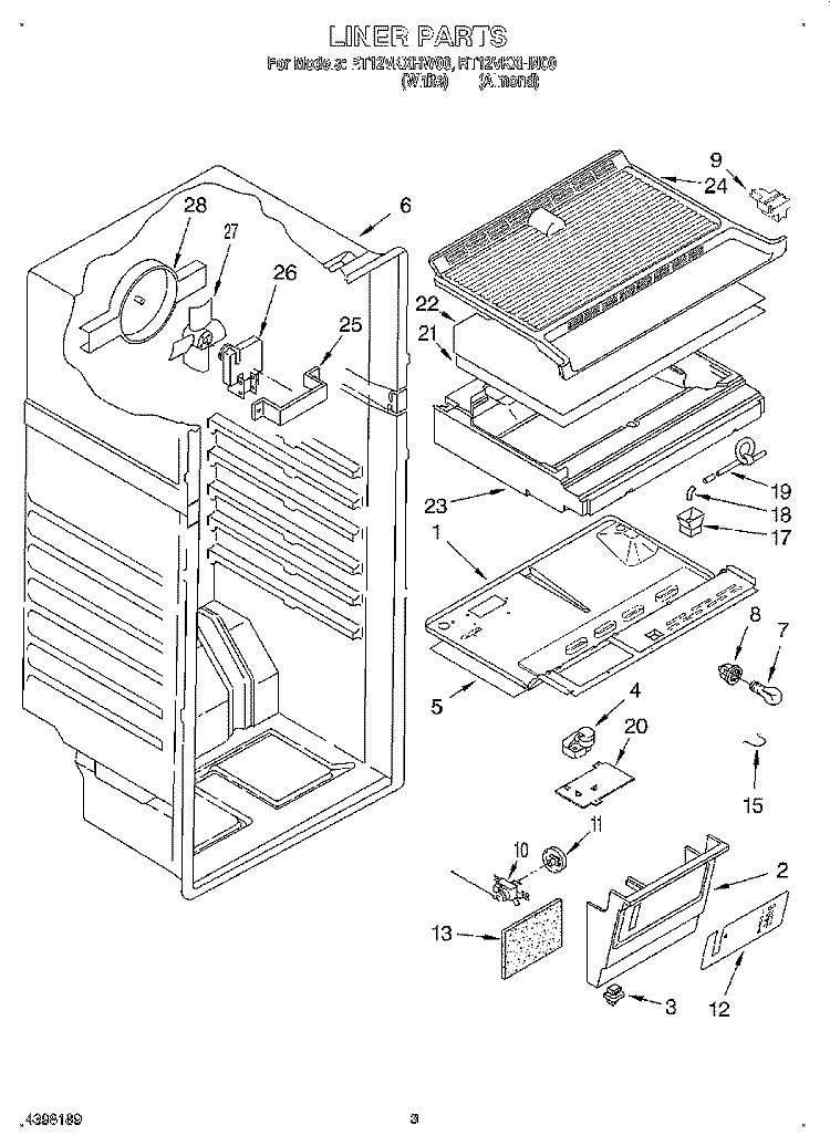 LINER Diagram and Parts List for RT12VKXHW00  Roper Refrigerator