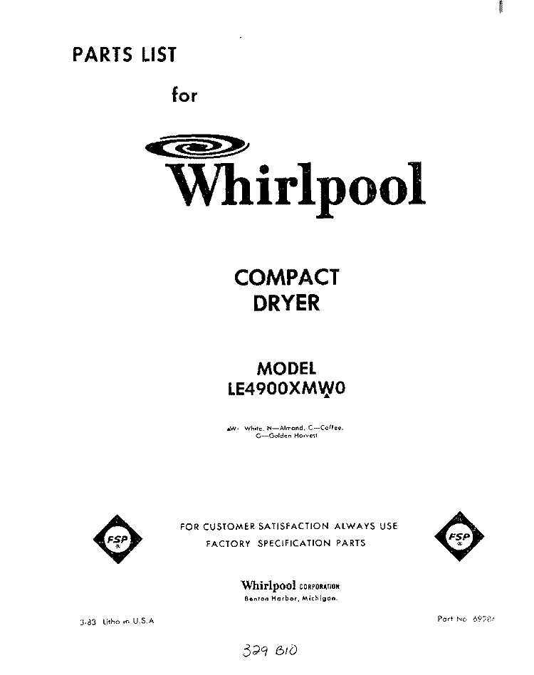 SECTION Diagram and Parts List for LE4900XMW0  Whirlpool Dryer