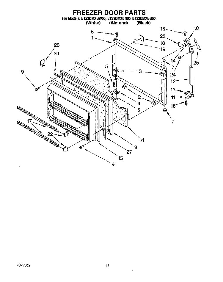 FREEZER DOOR Diagram and Parts List for ET22DMXBB00  Whirlpool Refrigerator