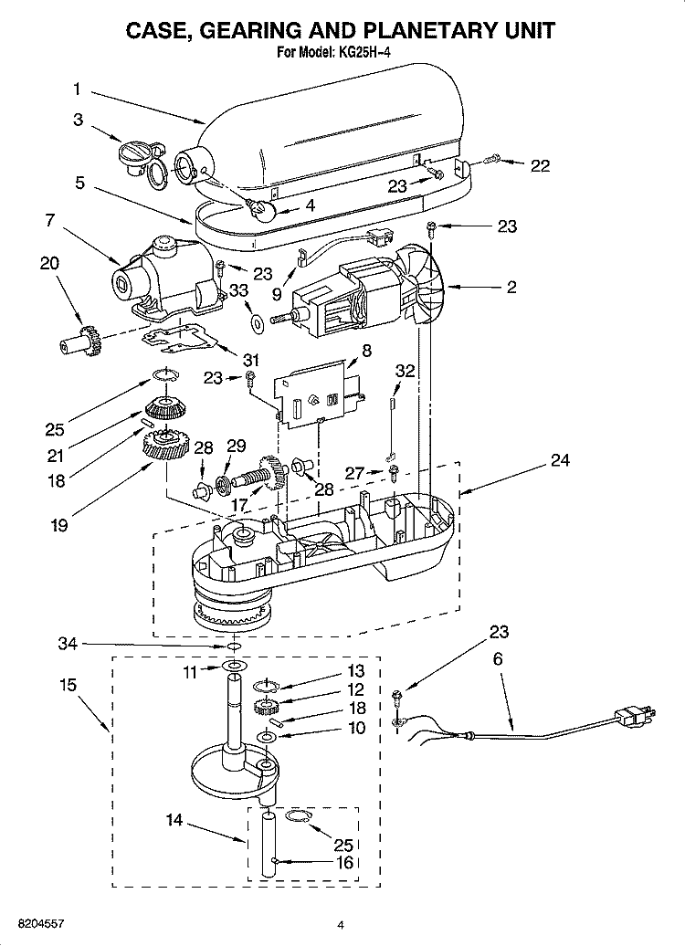 CASE, GEARING, AND PLANETARY UNIT Diagram and Parts List for KG25H-4  KitchenAid Mixer