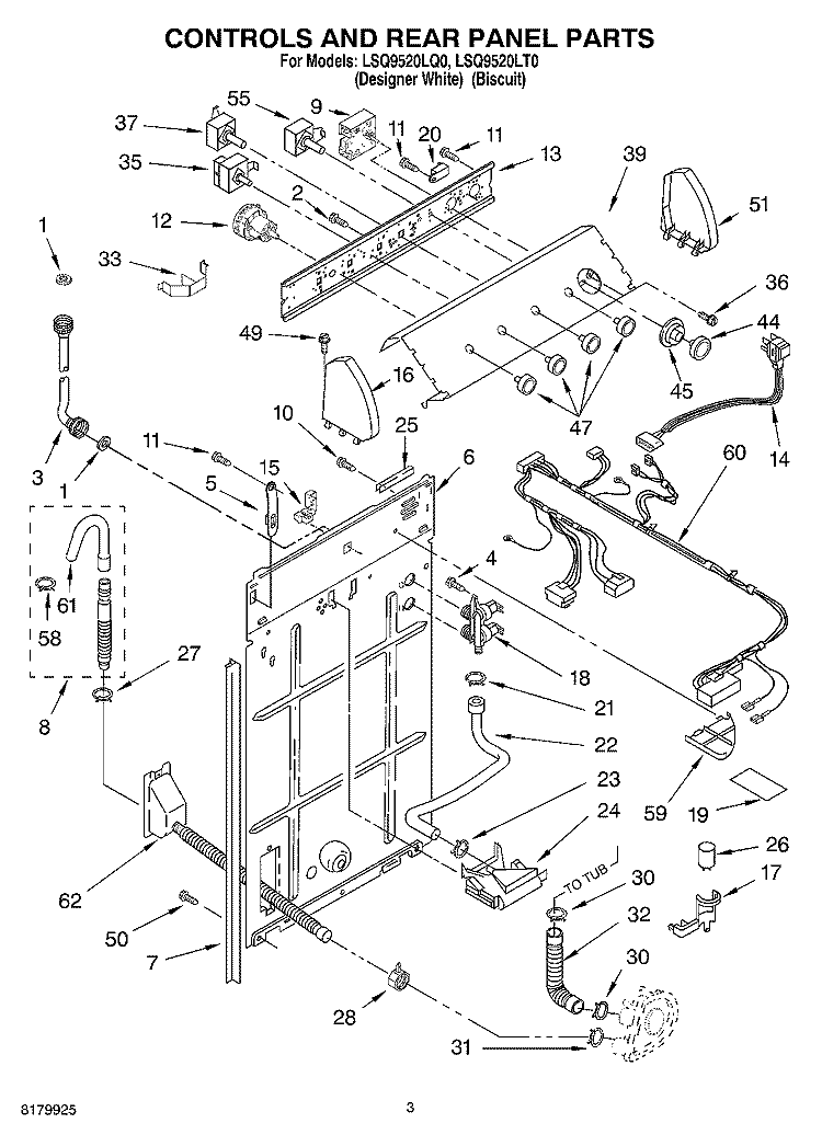 CONTROLS AND REAR PANEL Diagram and Parts List for LSQ9520LQ0  Whirlpool Washer