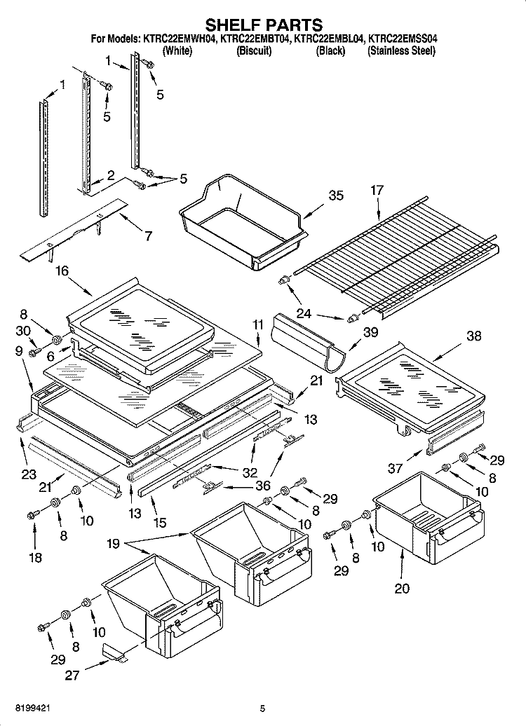 SHELF PARTS Diagram and Parts List for KTRC22EMBL04  KitchenAid Refrigerator