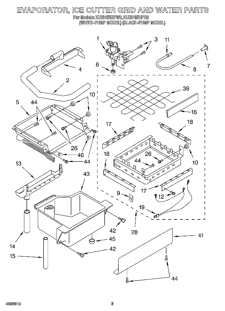 EVAPORATOR, ICE CUTTER GRID AND WATER Diagram and Parts List for KUIS155HPW2  KitchenAid Ice Maker