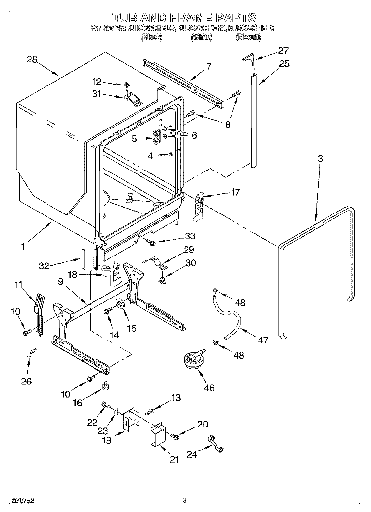 TUB AND FRAME Diagram and Parts List for KUDC25CHBL0  KitchenAid Dishwasher