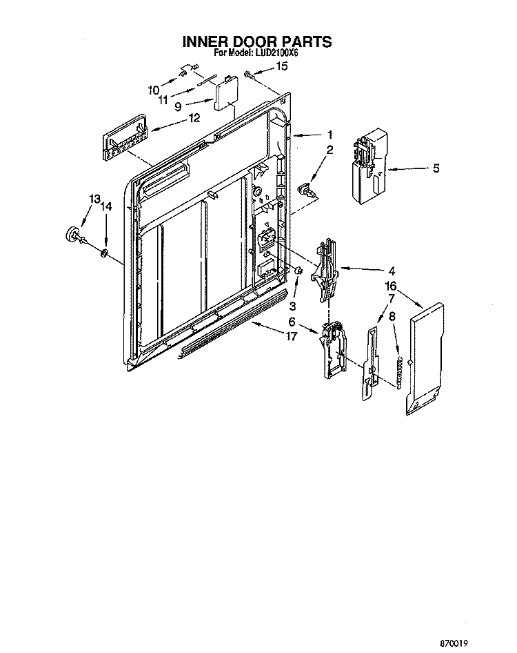 INNER DOOR Diagram and Parts List for LUD2100X6  Whirlpool Dishwasher