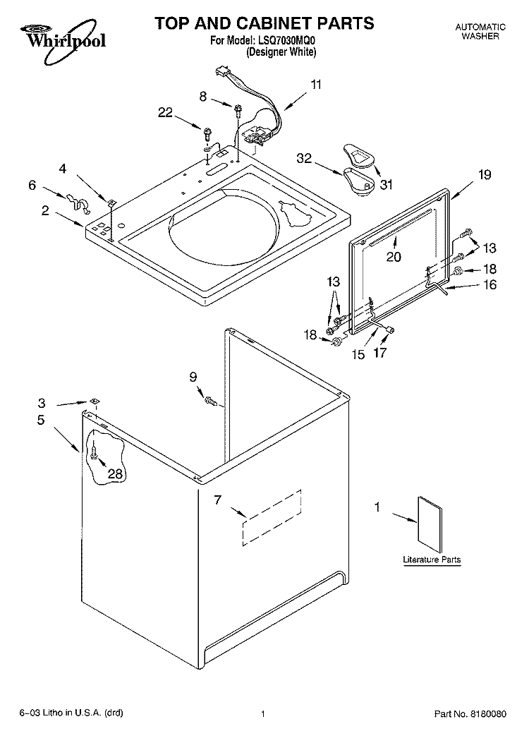 TOP AND CABINET PARTS Diagram and Parts List for LSQ7030MQ0  Whirlpool Washer