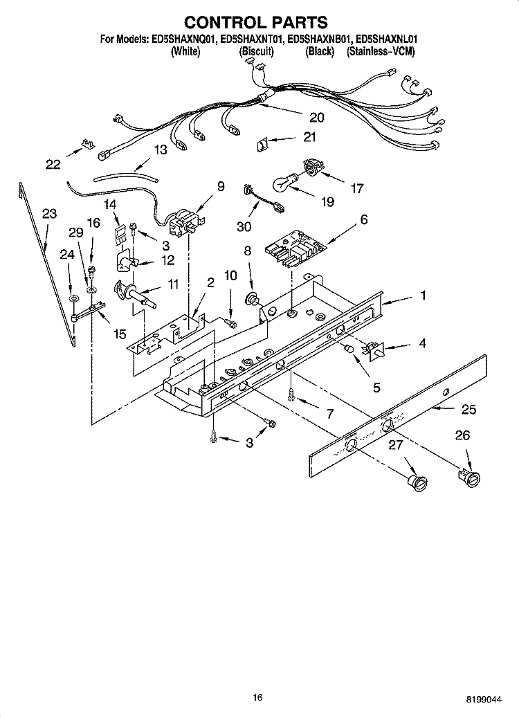 CONTROL PARTS Diagram and Parts List for ED5SHAXNT01  Whirlpool Refrigerator