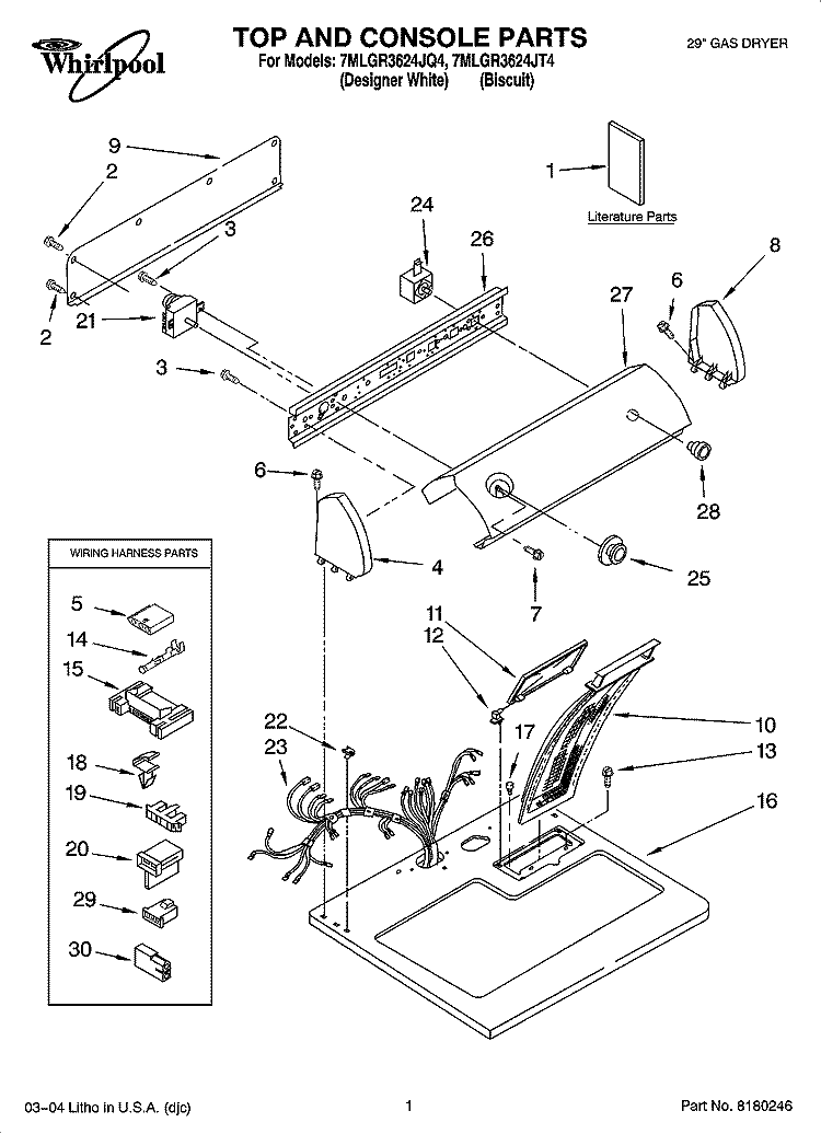 TOP AND CONSOLE PARTS Diagram and Parts List for 7MLGR3624JT4  Whirlpool Dryer