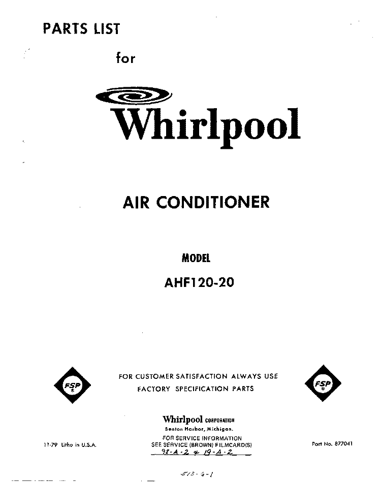 SECTION Diagram and Parts List for AHF12020  Whirlpool Air Conditioner