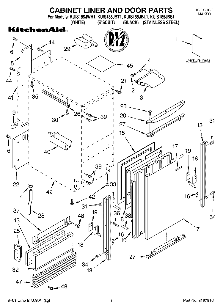 CABINET, LINER AND DOOR, LITERATURE Diagram and Parts List for KUIS185JBT1  KitchenAid Ice Maker