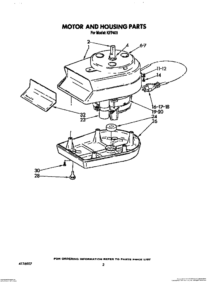 MOTOR AND HOUSING Diagram and Parts List for KFP403  Whirlpool Food Processor