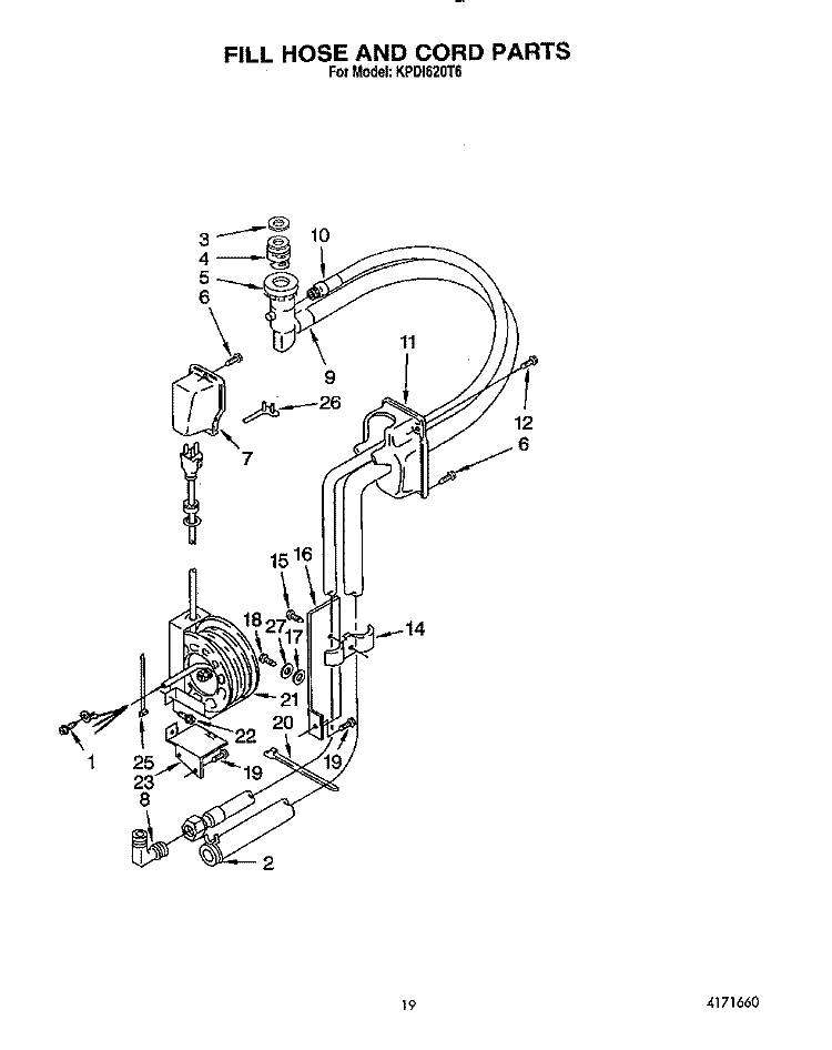 FILL HOSE AND CORD Diagram and Parts List for KPDI620T6  KitchenAid Dishwasher