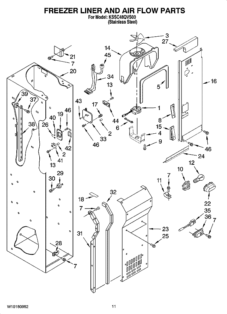 FREEZER LINER AND AIR FLOW PARTS Diagram and Parts List for KSSC48QVS00  KitchenAid Refrigerator