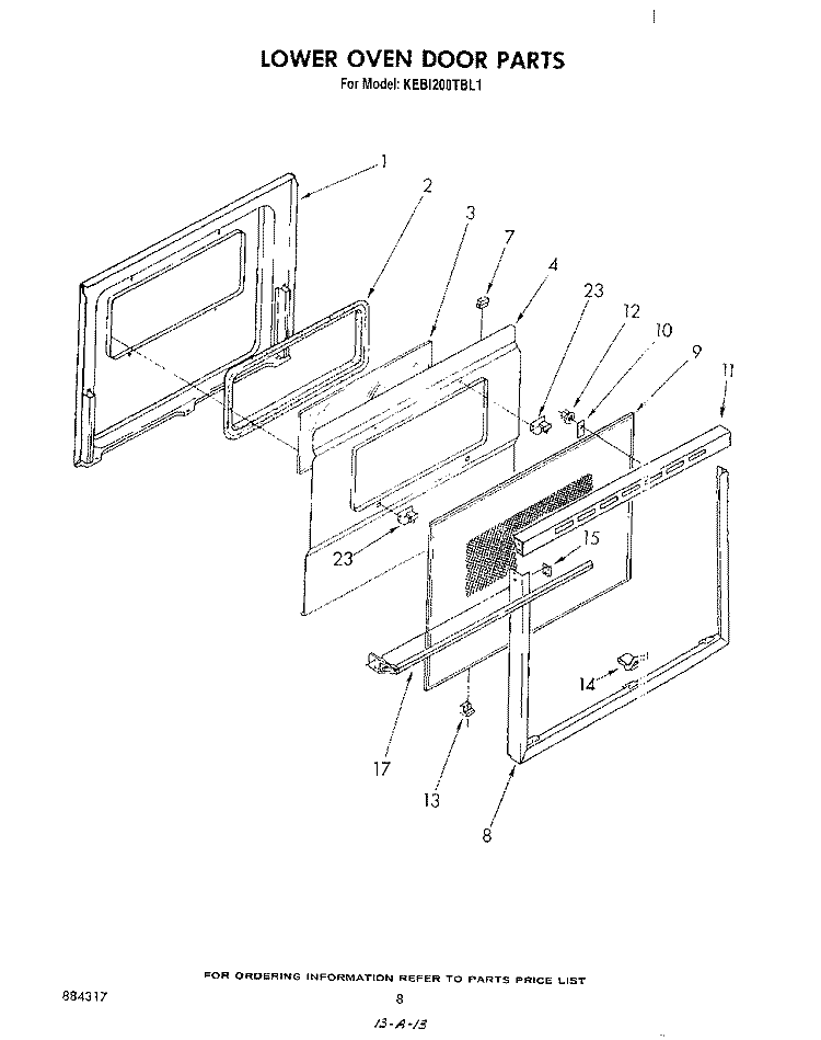 LOWER OVEN DOOR , LIT/OPTIONAL Diagram and Parts List for KEBI200TBL1  KitchenAid Wall Oven