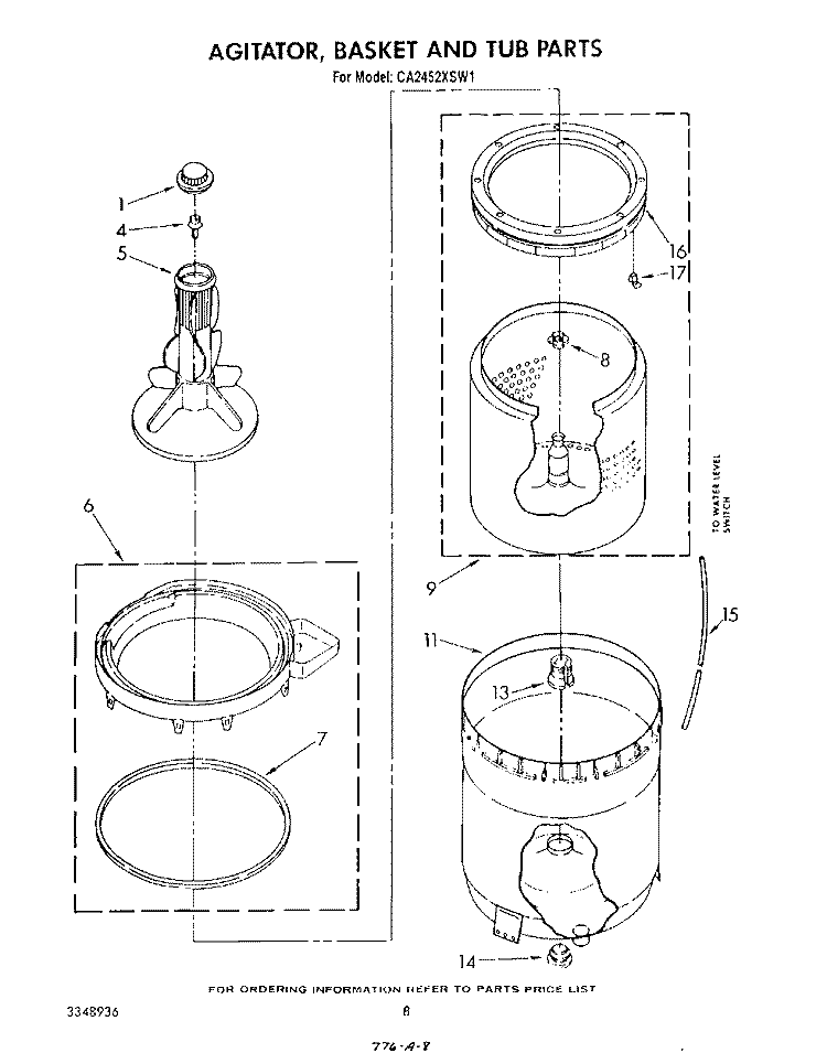 AGITATOR, BASKET AND TUB Diagram and Parts List for CA2452XSW1  Whirlpool Washer