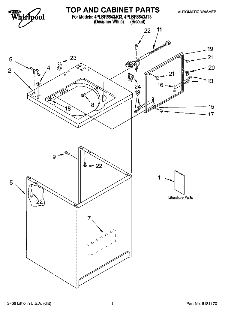 TOP AND CABINET PARTS Diagram and Parts List for 4PLBR8543JQ3  Whirlpool Washer