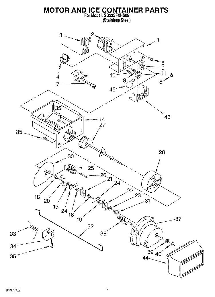 MOTOR AND ICE CONTAINER Diagram and Parts List for GD22SFXHS05  Whirlpool Refrigerator