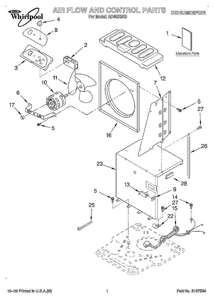 SECTION Diagram and Parts List for AD40DBK0  Whirlpool Dehumidifier