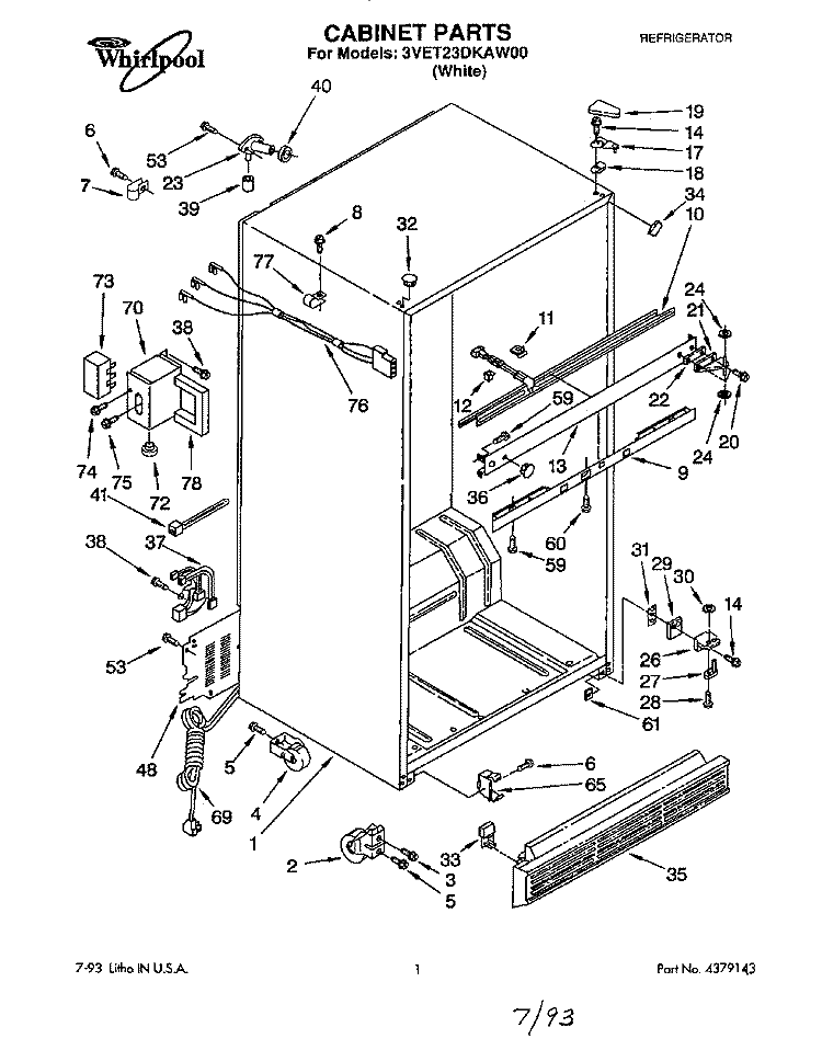 CABINET Diagram and Parts List for 3VET23DKAW00  Whirlpool Refrigerator