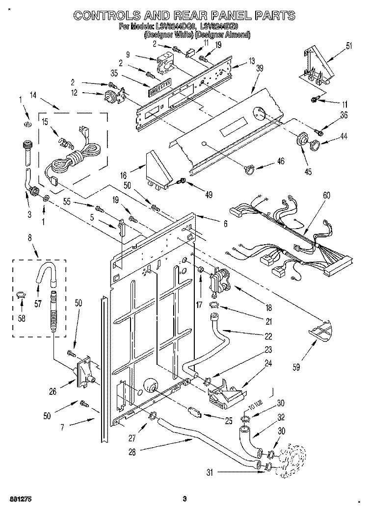 CONTROLS AND REAR PANEL Diagram and Parts List for LSV8244DQ0  Whirlpool Washer