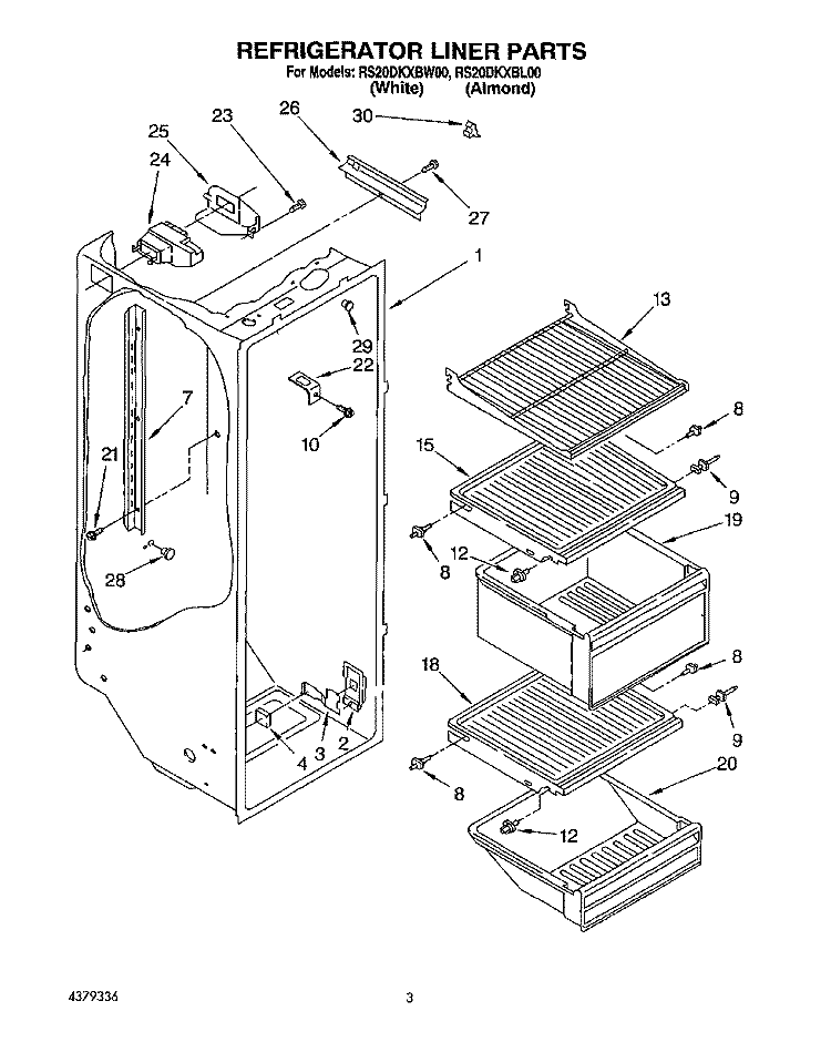 REFRIGERATOR LINER Diagram and Parts List for RS20DKXBL00  Roper Refrigerator
