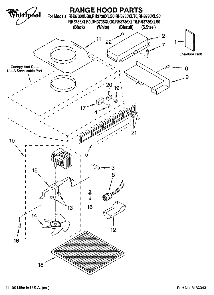 RANGE HOOD PARTS Diagram and Parts List for RH3730XLQ0  Whirlpool Range Hood