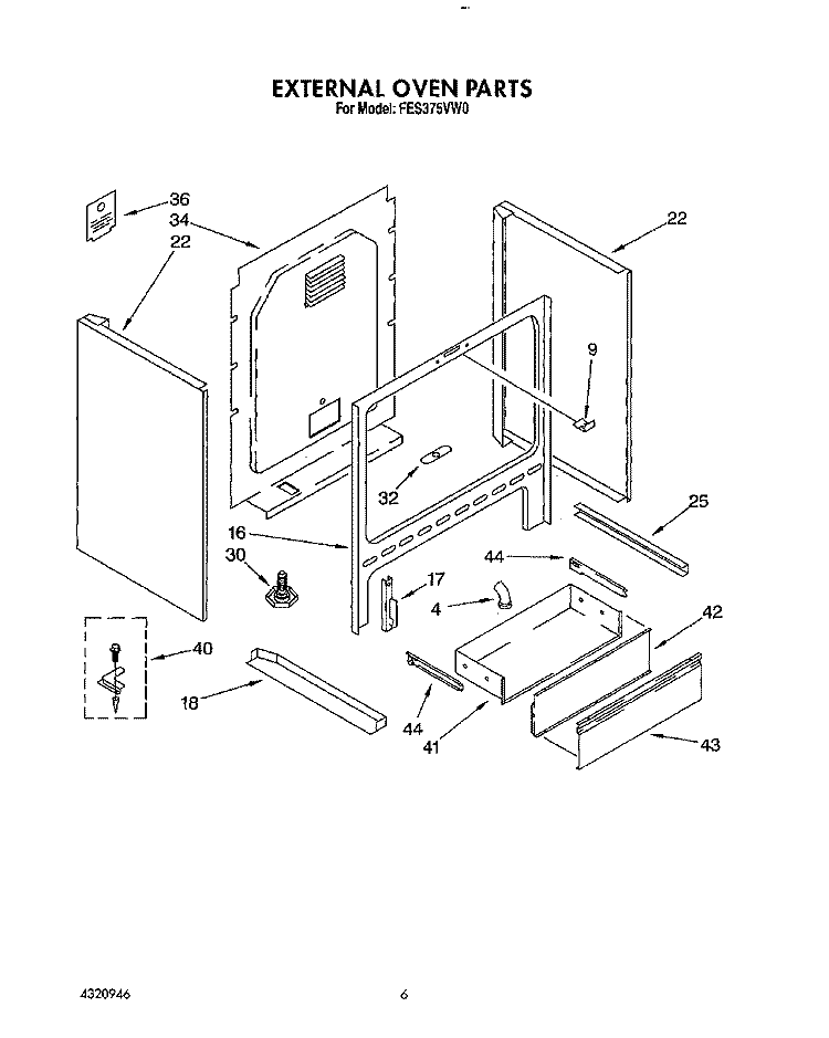 EXTERNAL OVEN Diagram and Parts List for FES375VX0  Whirlpool Range